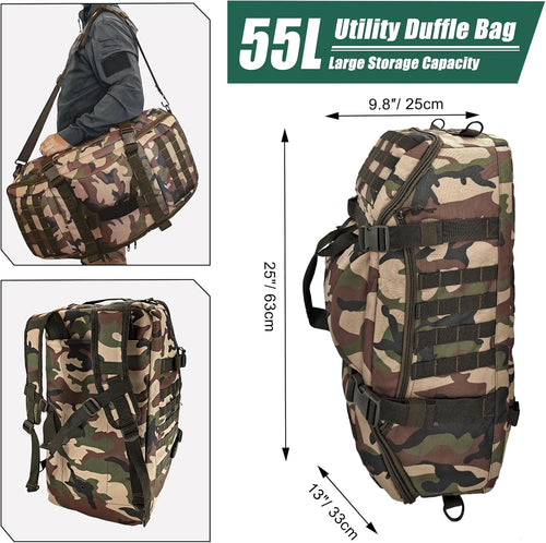 55L Large Duffle Bag, 3-In-1 Tactical Backpack MOLLE Pack for Sports, Gym, Outdoor, Woodland