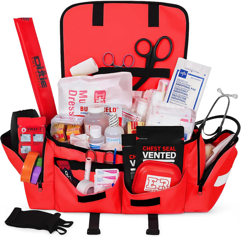Fully Stocked EMT Trauma Bag – Tactical First Responder Medical Kit with Tourniquet, Vented Chest Seals, Hemostatic Gauze, Shears, Bandages & Bleeding Control Supplies – Red