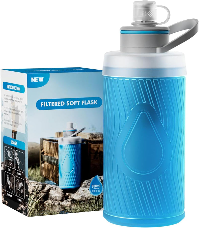 700Ml Collapsible Water Filter Bottle,Squeeze Water Filtered Bottle，Bpa-Free, Ultra Light Emergency Survival Water Filter，Perfect for Hiking, Backpacking, Camping