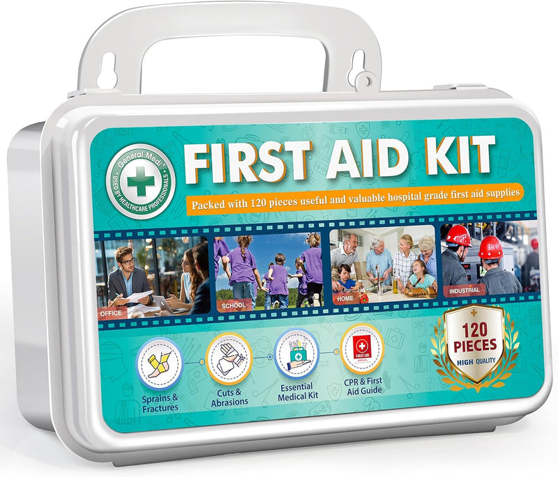 120 Pieces Hardcase First Aid Kit - First Aid Box Includes Instant Cold Pack, Emergency Blanket for Travel, Home, Office, Vehicle, Camping, Workplace & Outdoor