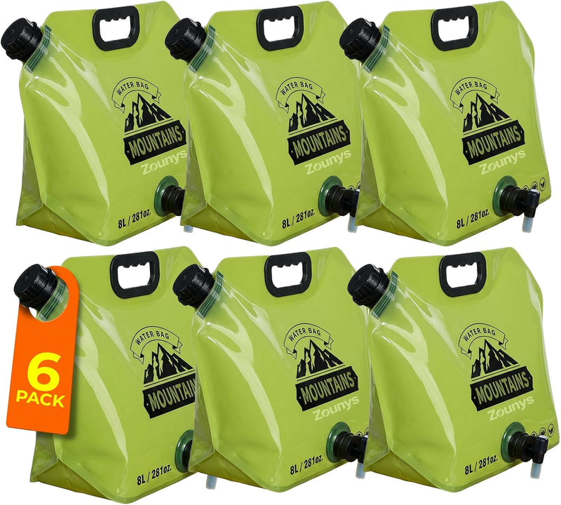 6Pack Collapsible Water Container 8L/2 Gallon Water Jug, Water Storage Bag, Collapsible Water Bag for Travelling, Emergency Water Bag Suitable for Camping Essentials, Survival Gear, Camping Water Jug