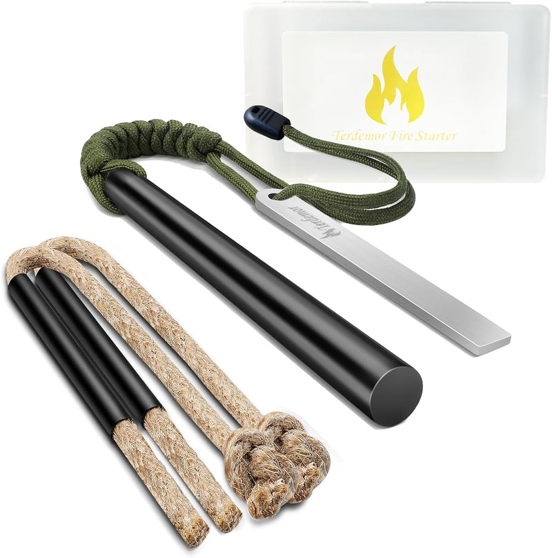 Ferro Rod Fire Starter Kit – 5" Flint and Steel with Two Waxed Tinder Cord & Paracord for Camping, Hiking, Outdoor Survival, Emergency Preparedness