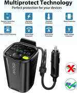 150W True Power Car Inverter Cup Holder, 6-In-1 DC 12V to 110V Converter with Dual AC Outlets, USB-C Fast Charging, Cigarette Lighter Socket & Car Charger - for Laptop, Phone, Tablet & Road Trips