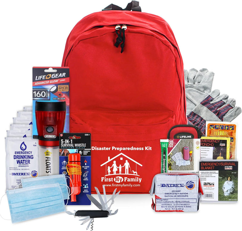 First My Family All-In-One Premium 1-Person, 72-Hour Bug Out Bag for Earthquakes, Floods, Tsunamis and Other Emergencies and Disasters. Be Safe, Be Prepared.