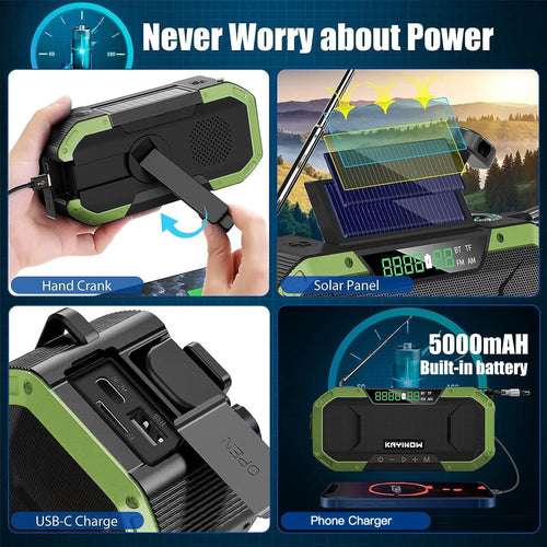 Hand Crank Solar Power Emergency Radio with Waterproof Bluetooth Speaker,Portable AM FM NOAA Weather Radio,5000Mah/18500Mwh Rechargeable, Phone Charger,Flashlight,Sos,Survival Storm Camping