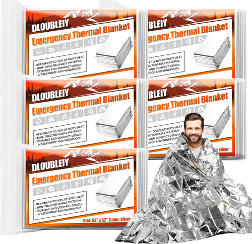 5-Pack Emergency Thermal Blankets, Heavy Duty Mylar Space Blanket with Ultimate Body Heat Retention for Camping Survival Kit, Car Emergency and Hiking, Waterproof & Windproof